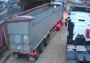 A CCTV screen grab of the silver trailer, left, being driven away from the site by thieves after it was stolen from Lowestoft-based trucking company, Spendlove Transport. Picture: Spendlove Transport