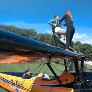 Angela King preparing for the charity wing walk. Picture: AeroSuperbatics