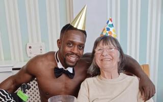 A butler in the buff surprised residents at a care home in the Lowestoft area - as three milestone birthdays were marked. Picture: The Dell Care Home