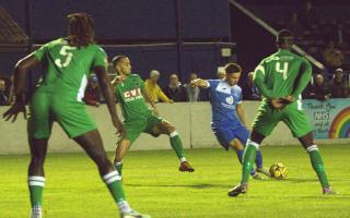 Hat trick hero Harvey Sayer superbly curls the ball home in Lowestoft's 3-1 FA Cup replay win over Haringey Borough. Picture: Seb Sargent