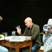 Laurie Coldwell as George Orwell, Philip Gill as Arthur Ransome and Sally Ann Burnett as Evgenia Ransome in rehearsal for Eastern Angles new play Red Skies